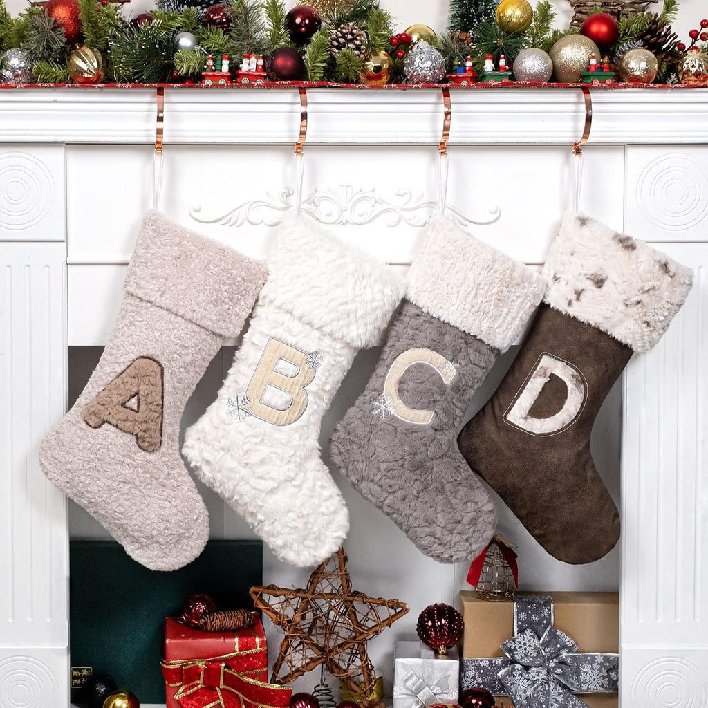 BHD BEAUTY Initial Christmas Stockings 2025 Monogram Personalized Brown-Leather Soft Faux Fur Embroidery for Family Decorations Hanging Ornament for Xmas Holiday Party Letter J