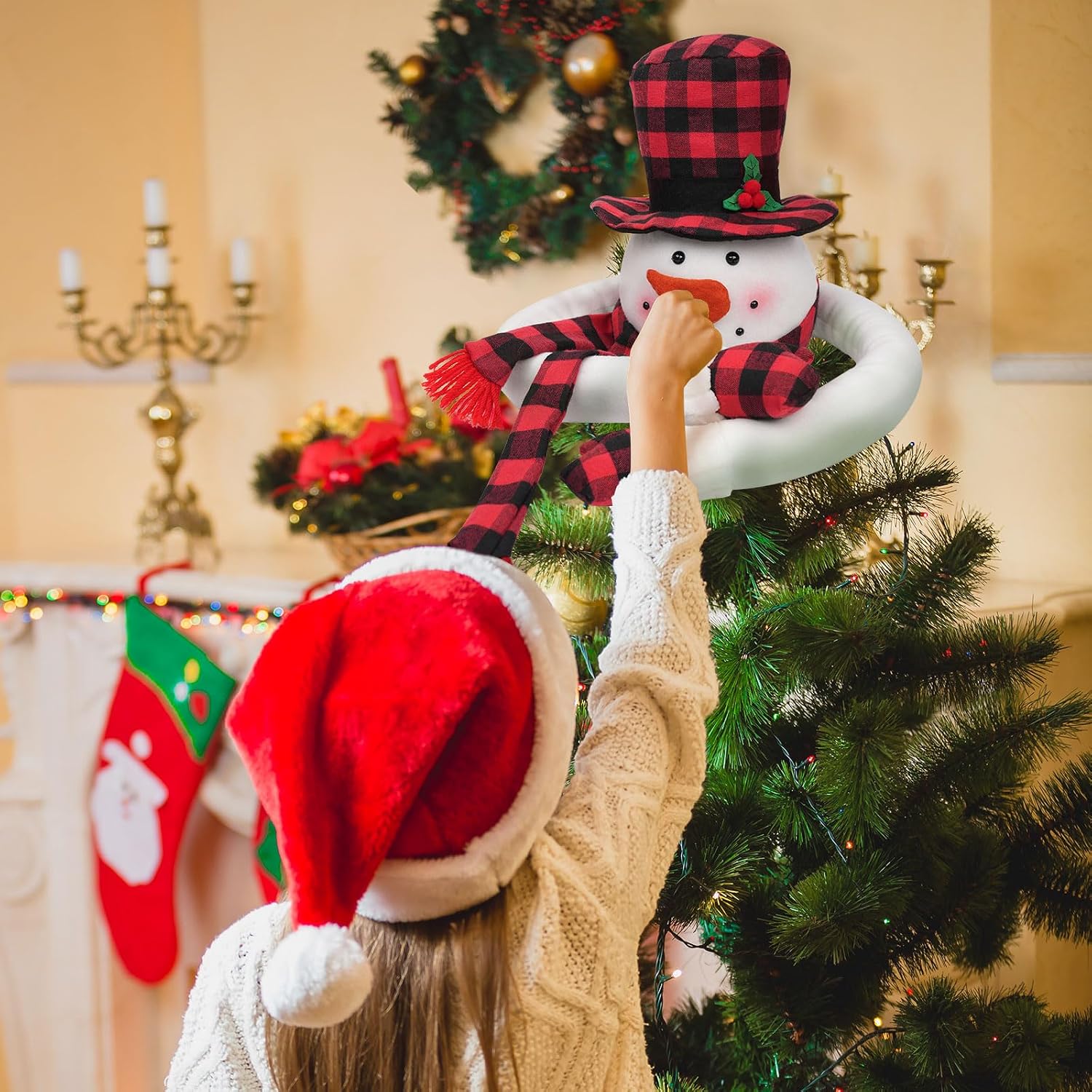 Christmas Snowman Tree Topper, Large Plush Snowman Treetop Hugger with Red and Black Buffalo Plaid Hat & Scarf, Fluffy Xmas Tree Ornament Holiday Winter Wonderland Home Party Decorations Supplies