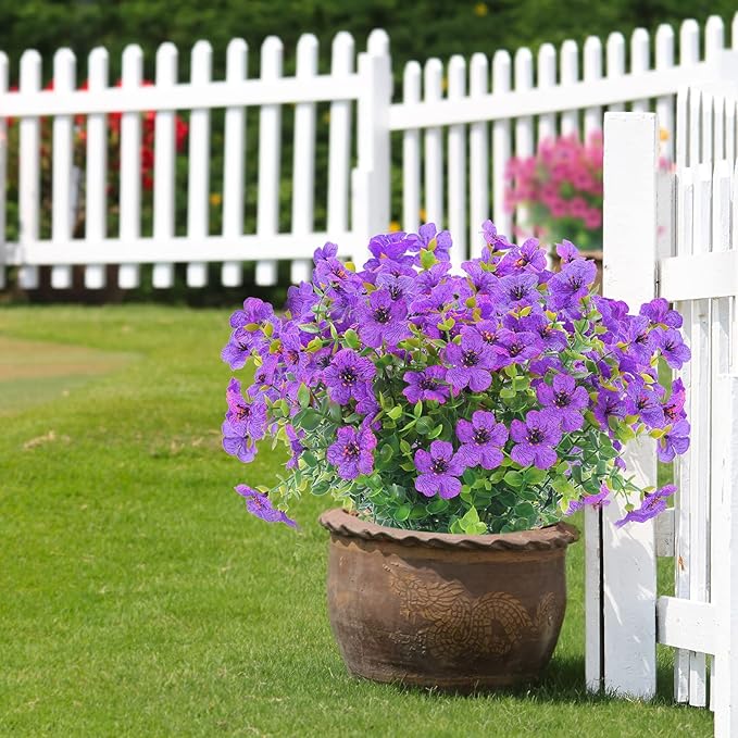 12 Bundles Artificial Flowers Outdoor UV Resistant Fake Plastic Plants Indoor Outside Hanging Plants Garden Porch Window Box Home Wedding Farmhouse Festive Shrub Decor (Purple)