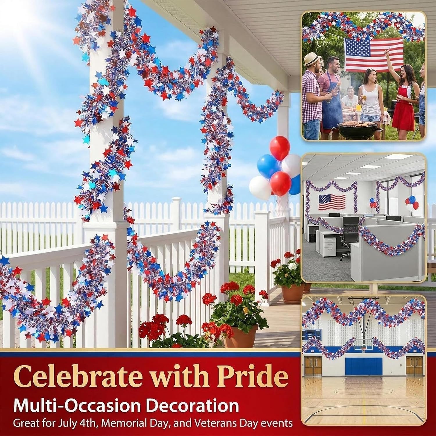 RAINFLOW Patriotic Tinsel Garland 4th of July Decorations - 5 Pack 32.8FT Red White Blue Star Metallic Decor for Parade Golf Cart Car Tree Party Outdoor Independence Day Memorial Day