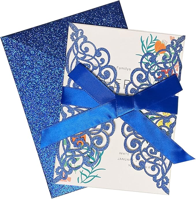 50Pcs Laser Cut Blue Wedding Invitation With Glitter Envelopes And Ribbons Blank Personalized Card Invitaciones Para quinceañera Birthday Baby Shower Christmas Party Bridal Shower