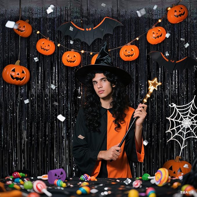2 Pack Black Foil Fringe Curtain Backdrop Black Streamers Tinsel Backdrop Halloween Party Decor Birthday Wednesday Graduation Wizard Party Decorations for Men