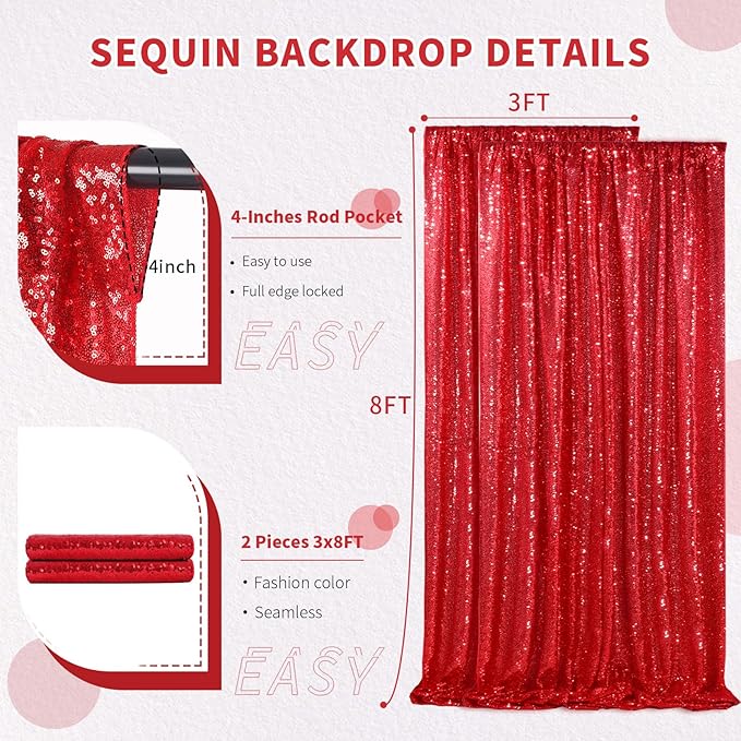 Red Sequin Curtains 2 Packs 3ftx8ft Photo Booths Backdrop for Girl Princess Birthdays Engagement Bachelorette Party Decorations