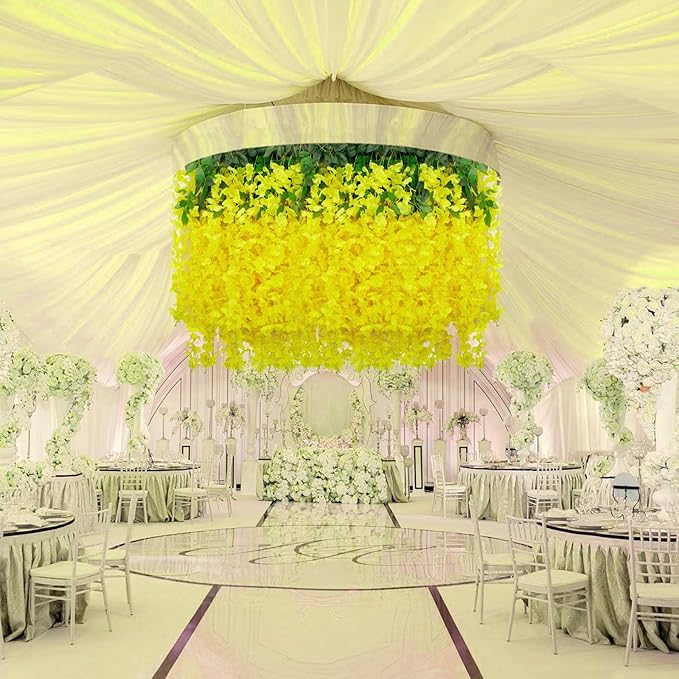 12 Pack Yellow Wisteria Hanging Flowers, 3.44 Ft Fake Hanging Flowers, Artificial Wisteria Garland Vines for Wedding Room Backdrop Outdoor Patio Garden Decoration