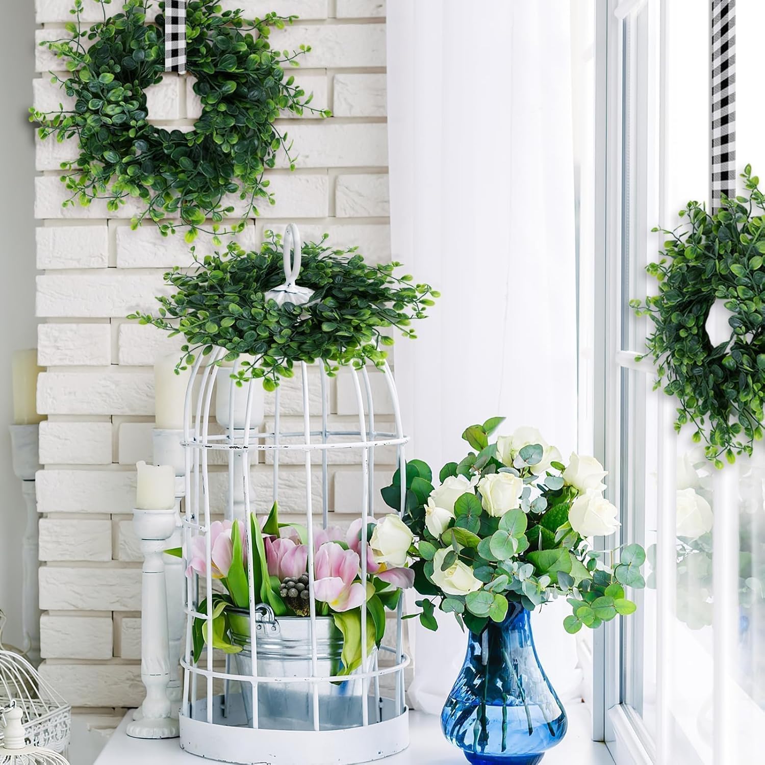 Mini Green Boxwood Candle Rings Wreaths Spring Summer Kitchen Cabinet Swags Wreath 3 Inch Wedding Rings Wreaths Pillar Candle Holder for Wedding Home Door Tabletop Decor (4, Green Boxwood)