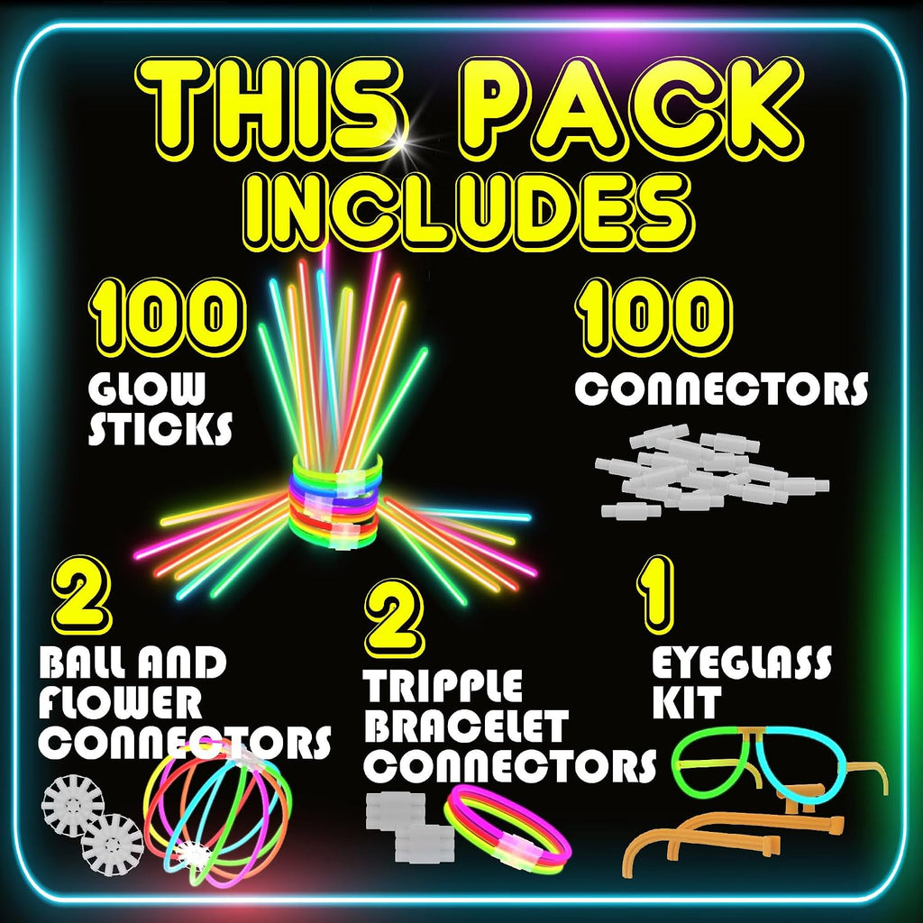 PartySticks Ultra Bright Bulk Party Supplies - Glow in The Dark Glow Sticks with Eye Glasses, Bracelets, and Connectors - Light Up Halloween 4th of July Party Favors