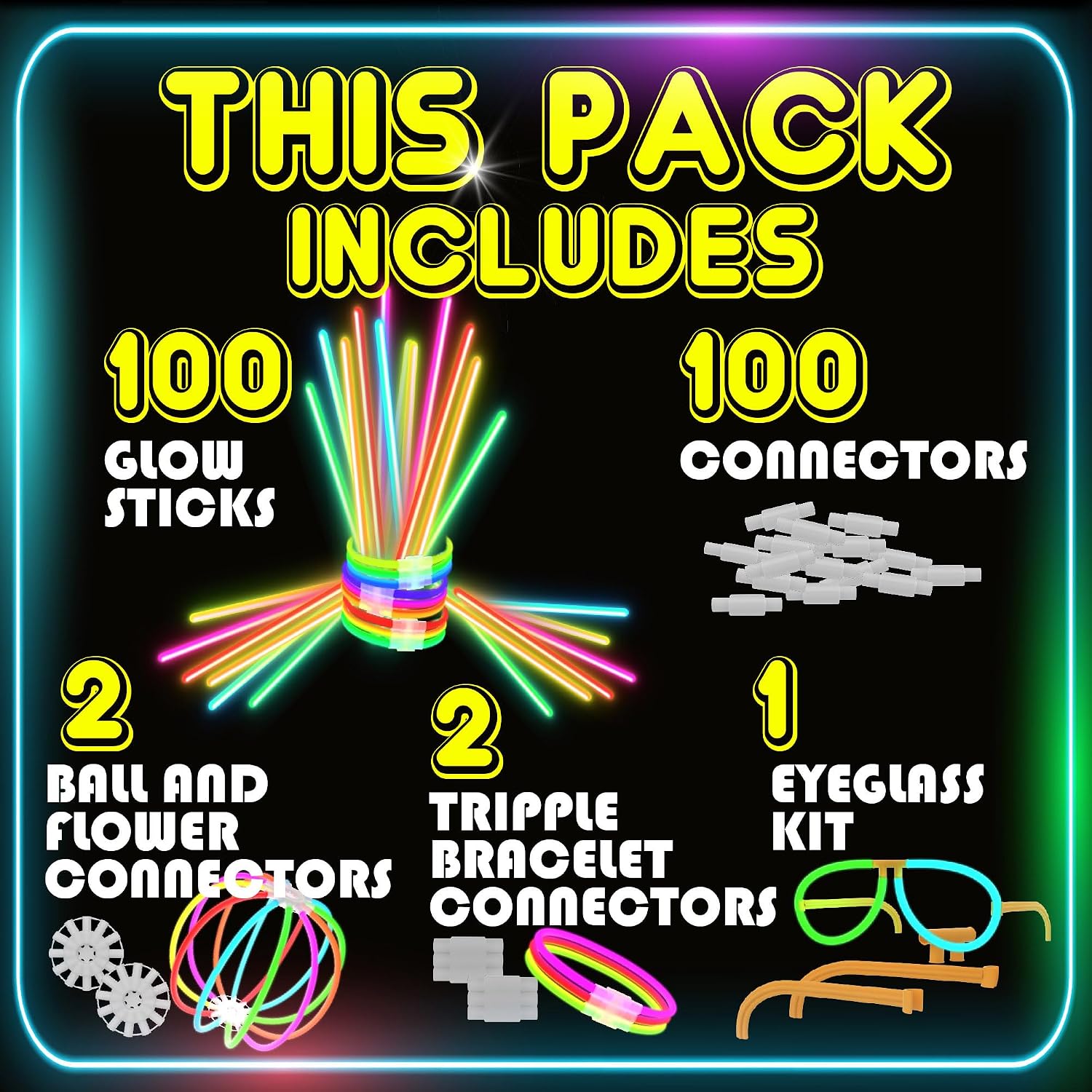 PartySticks Ultra Bright Bulk Party Supplies - Glow in The Dark Glow Sticks with Eye Glasses, Bracelets, and Connectors - Light Up Halloween 4th of July Party Favors