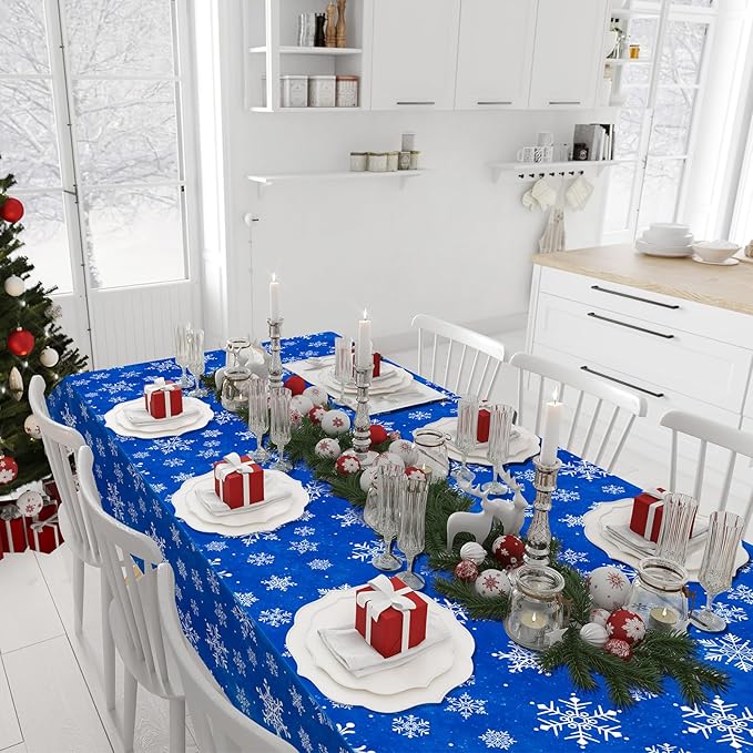 Jectivs 3 Pieces Christmas Snowflake Plastic Party Tablecloth Decorations,White Snowflake Blue Xmas Backdrop Sign Table Cover Banner for Winter Christmas Holiday Party Supplies,54x108 inch (Blue)
