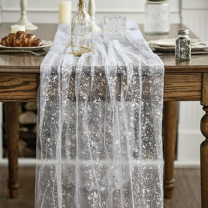 Artoid Mode 3Pcs White Silver Gauze Table Runner 120 Inch 10FT, Glitter Metallic Foil Sheer Dining Wedding Anniversary Holiday Birthday Table Decor for Home Party