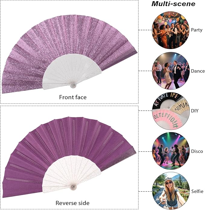 48 Pack Handheld Fan,Folding Hand Glitter Fan with Shining Transparent Fan Rib – Ideal for Wedding, Church, Festival, Dance, Tea Party, Club, and EDM Accessories, Purple
