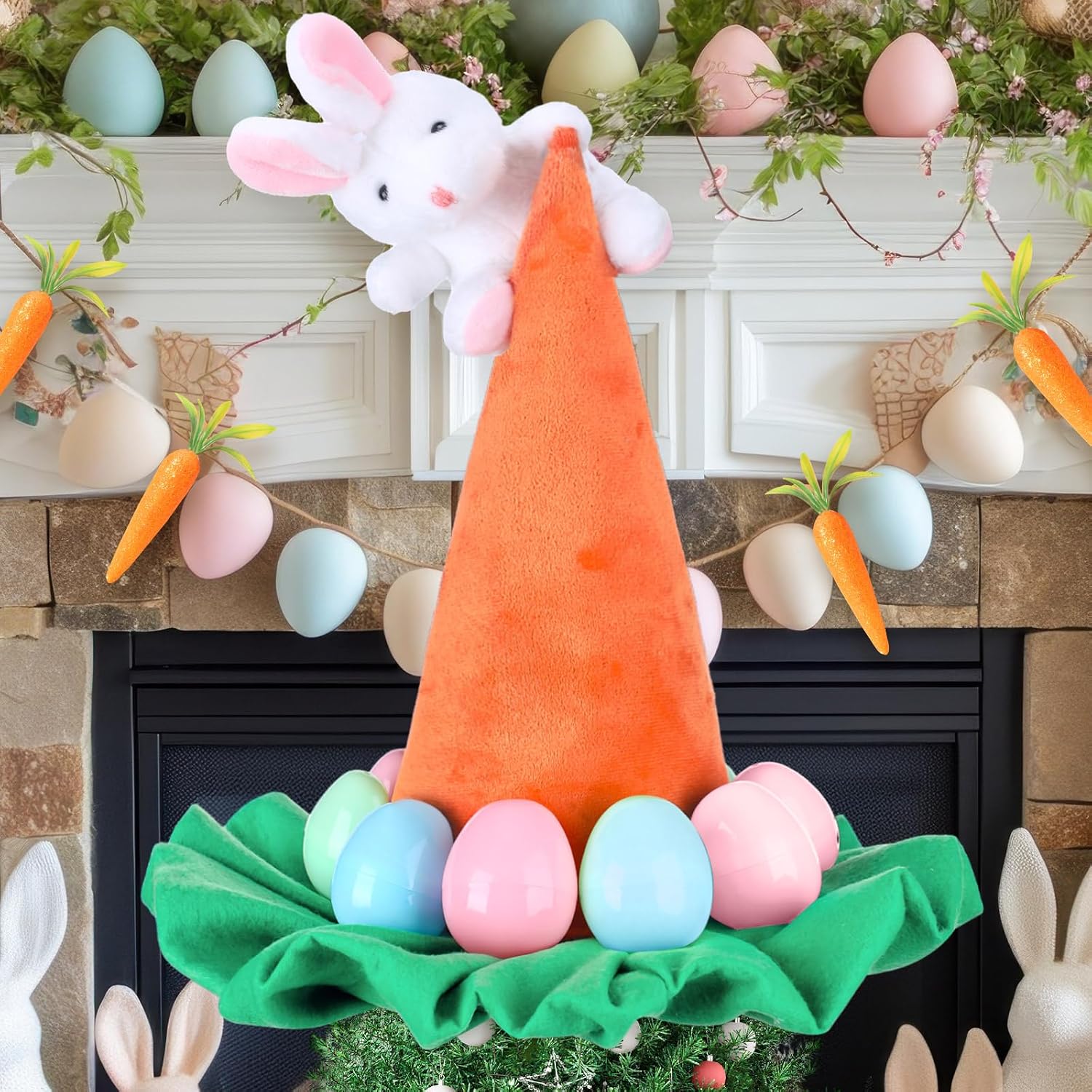 Easter Tree Topper Hat with Bunny Ears Decoration with Bow Carrot Trees Topper Decorations Ornaments for Easter Spring Outdoor Indoor Home Decorative Party Supplies(Carrot)