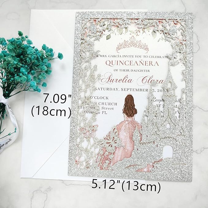 20PCS Castle Pocket Invitations, Quinceanera Invitations with Envelopes, Princess Invitation, Laser Cut quince invites (glitter silver)