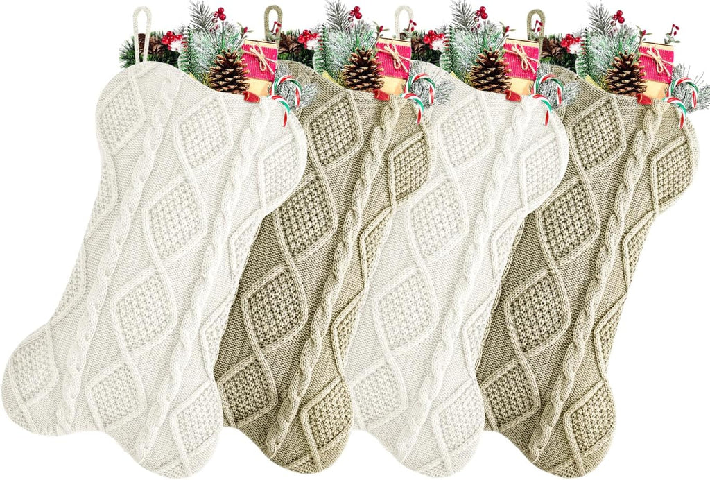 18 Inch Christmas Stockings,Ivory and Khaki Knit Bulk Double Side Vintage Dog Xmas Stockings for Family Dogs Pets,4 Pack