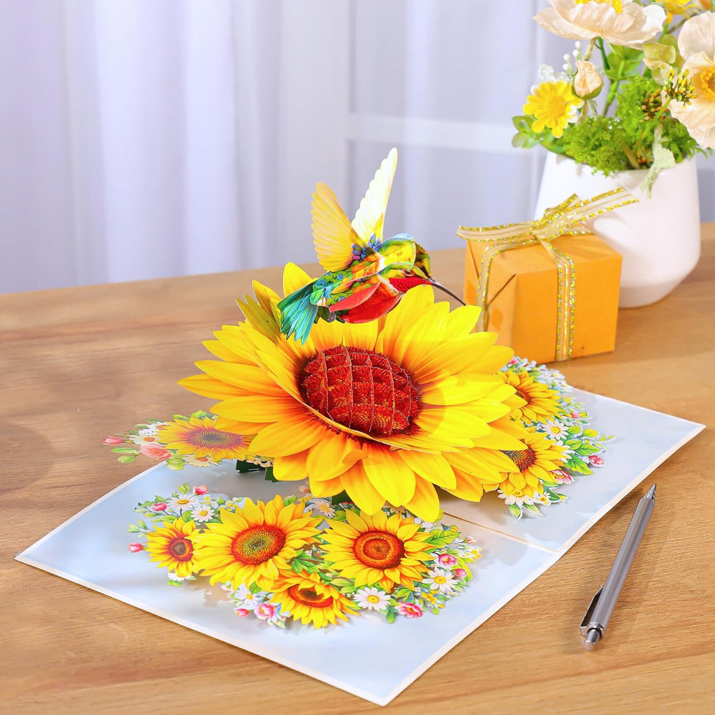 Hummingbird Sunflower Birthday Cards, 3D Pop Up Birthday Card for Women, Mom, Wife, Daughter, Her, Sister, Girlfriend, Grandma, Ideal Gift for Mother's Day, Valentines, Thank You, Get Well, 6x8 in