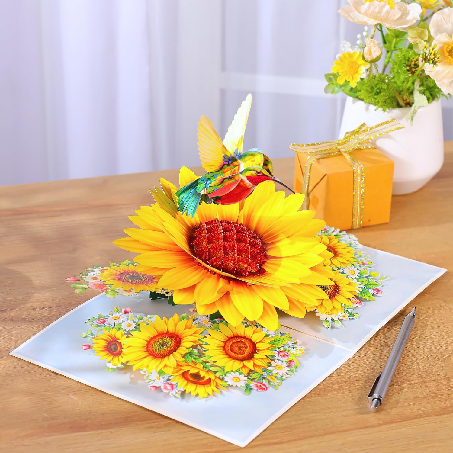 Hummingbird Sunflower Birthday Cards, 3D Pop Up Birthday Card for Women, Mom, Wife, Daughter, Her, Sister, Girlfriend, Grandma, Ideal Gift for Mother's Day, Valentines, Thank You, Get Well, 6x8 in