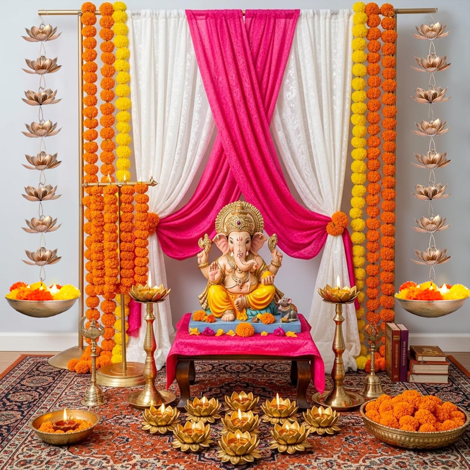 LemonRoad 2 Set Diwali Hanging Urli Bowl Metal Lotus Floating Diya Pot for Flowers & Decor Wall Hanging Uruli Candle Holder for Mandir, Diwali Gift, Indian Traditional Festival Decoration