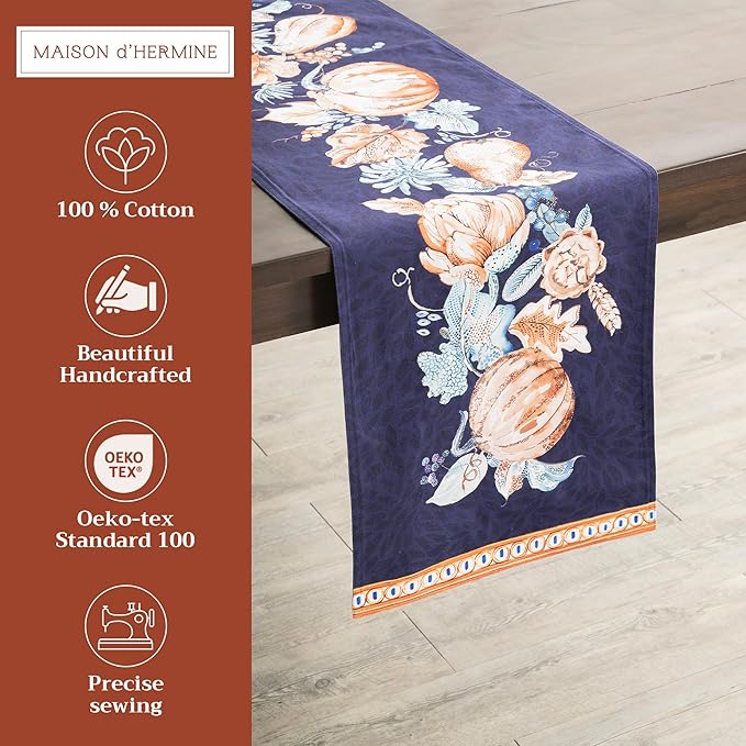 Maison d' Hermine Table Runner 100% Cotton Double Layer Table Runners 108 inches Long for Thanksgiving Christmas Decorations Home Kitchen Dining Party Wedding (Pumpkin Blues, 14.5" x 108")