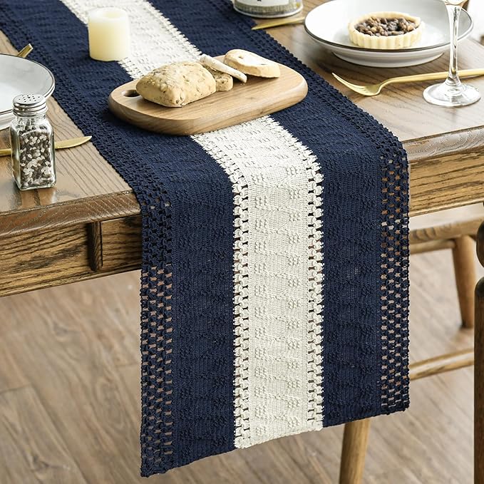 Artoid Mode Dark Blue Farmhouse Rustic Table Runner, Seasonal Hollow Kitchen Dining Table Decoration for Home Party Decor 12x108 Inch