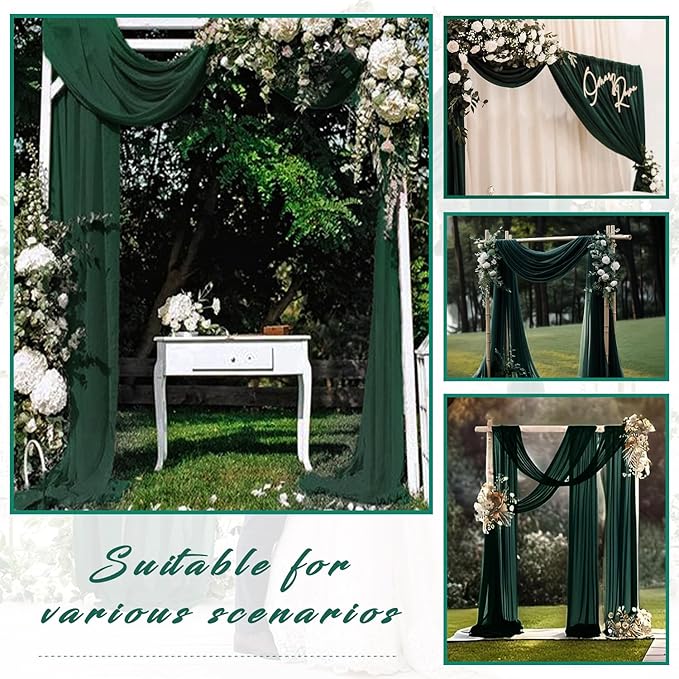 Emerald Green 2 Panels Wedding Arch Draping Fabric 20Ft Length x 28" Width Arch Drapes Chiffon Fabric Sheer Curtains Backdrop for Party Bridal Decorations Wedding Ceremony Stage Reception Decor
