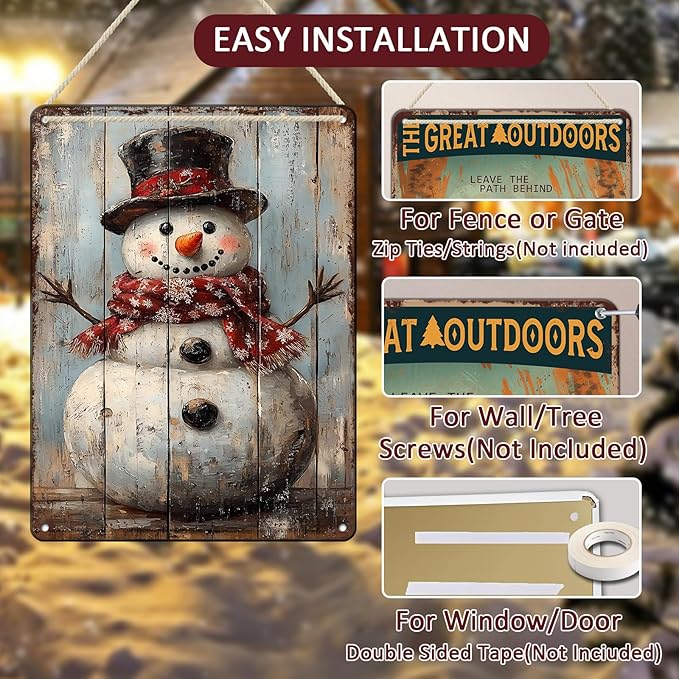 Vintage Christmas Metal Tin Sign Snowman Retro Wall Decor Christmas Tin Sign for Winter Outdoor 12x16Inch