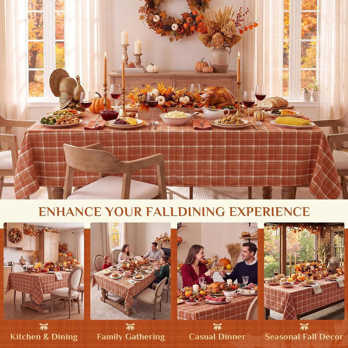 Softalker Fall Checkered Tablecloth Rectangle, Orange, 60 x 84 Inch