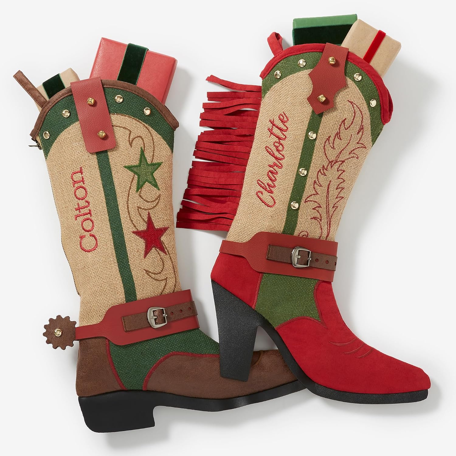 Personalization Universe Personalized Western Cowboy or Cowgirl Boot Stocking with Faux Spur, Embroidered Name, and Durable Design - Perfect Holiday Decor for Christmas (Multicolor, Cowgirl)