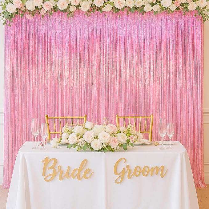 2 Pack Laser Pink Tinsel Foil Fringe Curtains, Mothers Day Pink Decorations, Metallic Tinsel Party Streamers Backdrop for Birthday Bachelorette Graduation Wedding Party Decorations