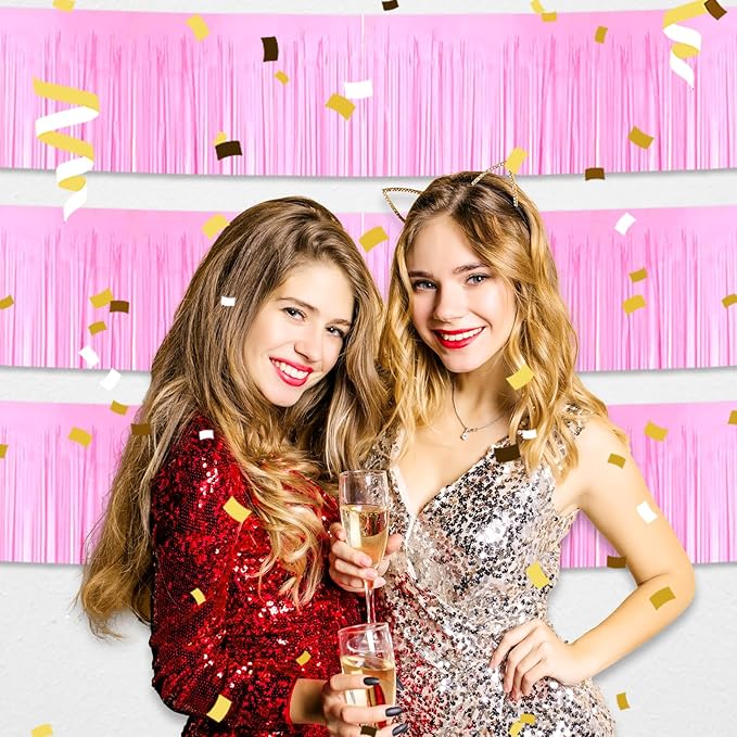 6 Pack 10 Feet Macaron Pink Foil Fringe Garland Metallic Tinsel Streamers Banner Wall Hanging Curtain Backdrop for Parade Floats, Birthday, Graduate, Mother's Day, Wedding Party Decoration