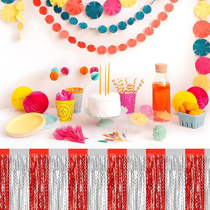 6 Pack 29 x108 Inch Red Silver Wave Foil Fringe Table Skirts Metallic Banner for Tinsel Streamer Garland Backdrop for Parade Floats, Mother's Day, Easter, Wedding, Birthday Party Decoration