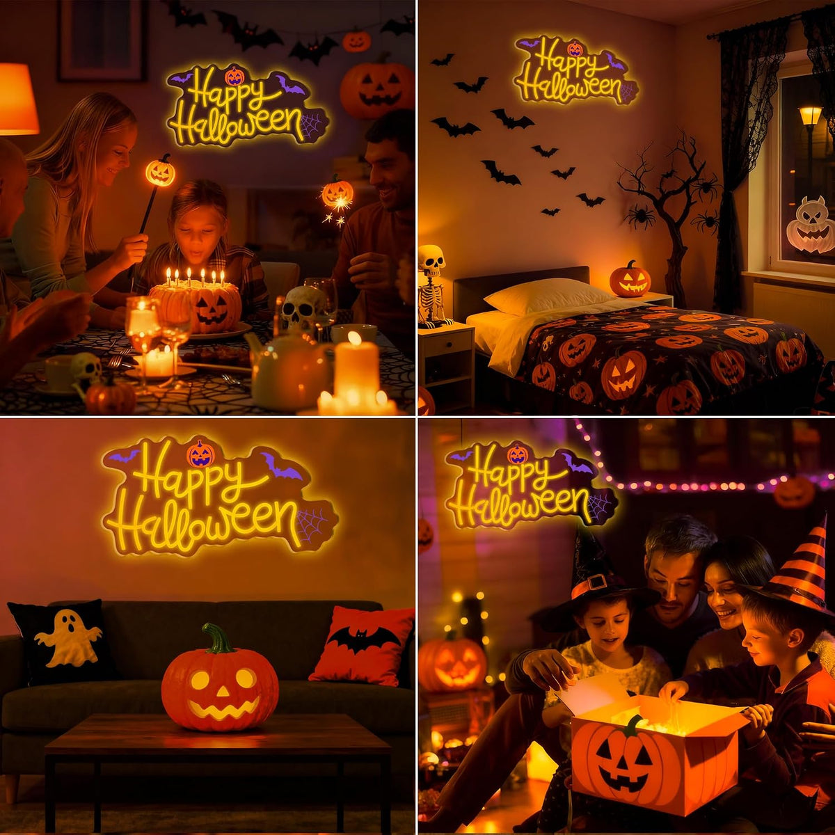 Happy Halloween Neon Sign, Cool Dimmable Light Up Halloween Pumpkin Bat Windo...