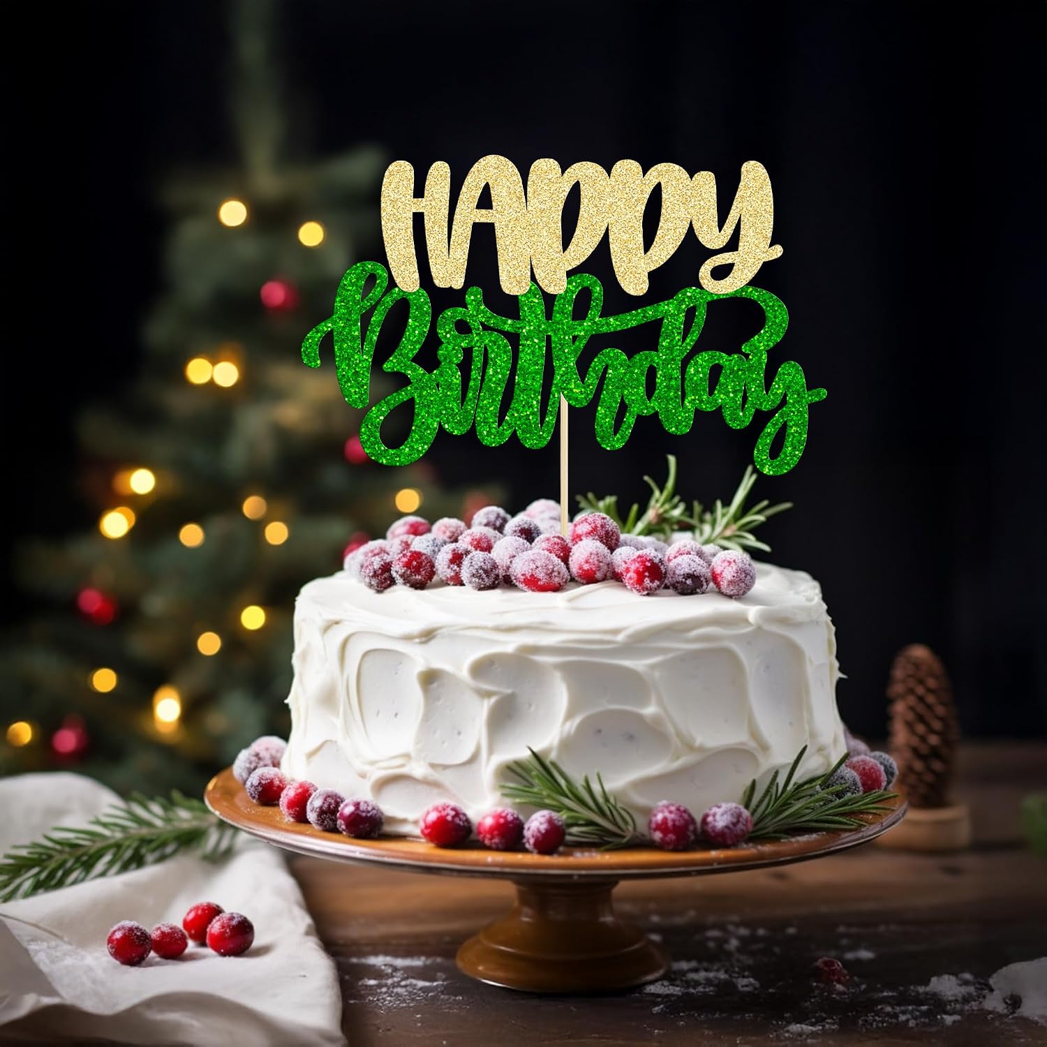 Gyufise 1Pcs Happy Birthday Cake Topper Glitter Happy Birthday Cake Pick for Christmas Theme Wedding Anniversary Theme Party Cake Decorations Supplies Green Gold