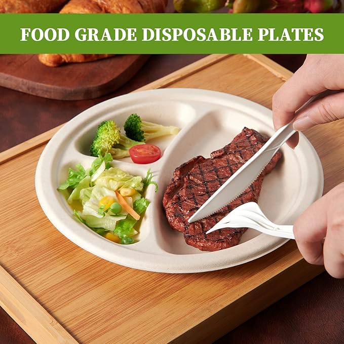 ECOLipak 125 Pack 3 Compartment Plates Disposable, 10 inch Heavy-Duty Compostable Paper Plates Made of Eco-Friendly Sugar Cane Fibers