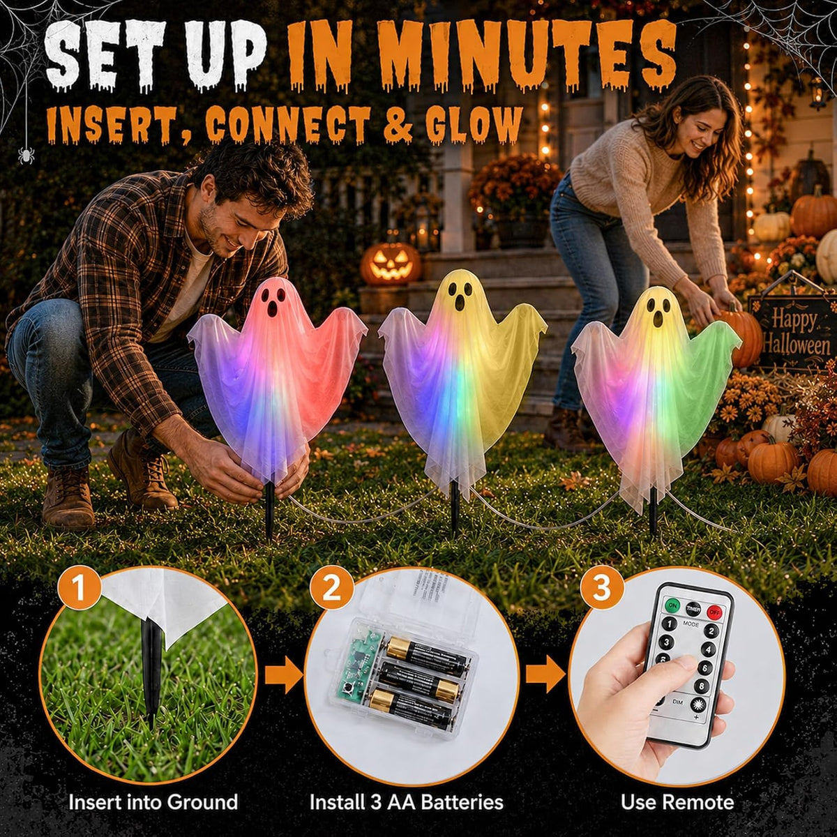 3 Pcs Halloween Lighted Ghost Stakes with Remote Control & Timer, 17.7 in...