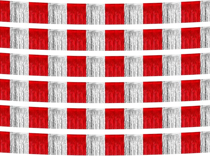 6 Pack 10 Feet Red Silver Foil Fringe Garland Metallic Tinsel Streamers Banner Wall Hanging Curtain Backdrop Banner for Parade Floats, Thanksgiving, Christmas, Birthday, Halloween Party Decorations