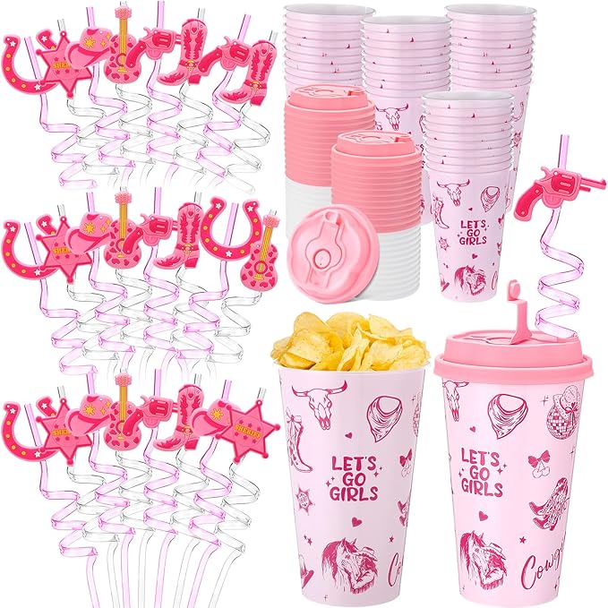 Yungyan 16 Sets Pink Cowgirl Party Favors Goodie Cups with Lids and Straws for Halloween Party Decorations Reusable 16oz Plastic Candy Cups Plastic Straws for Birthday Gift(Pink Cowgirl)