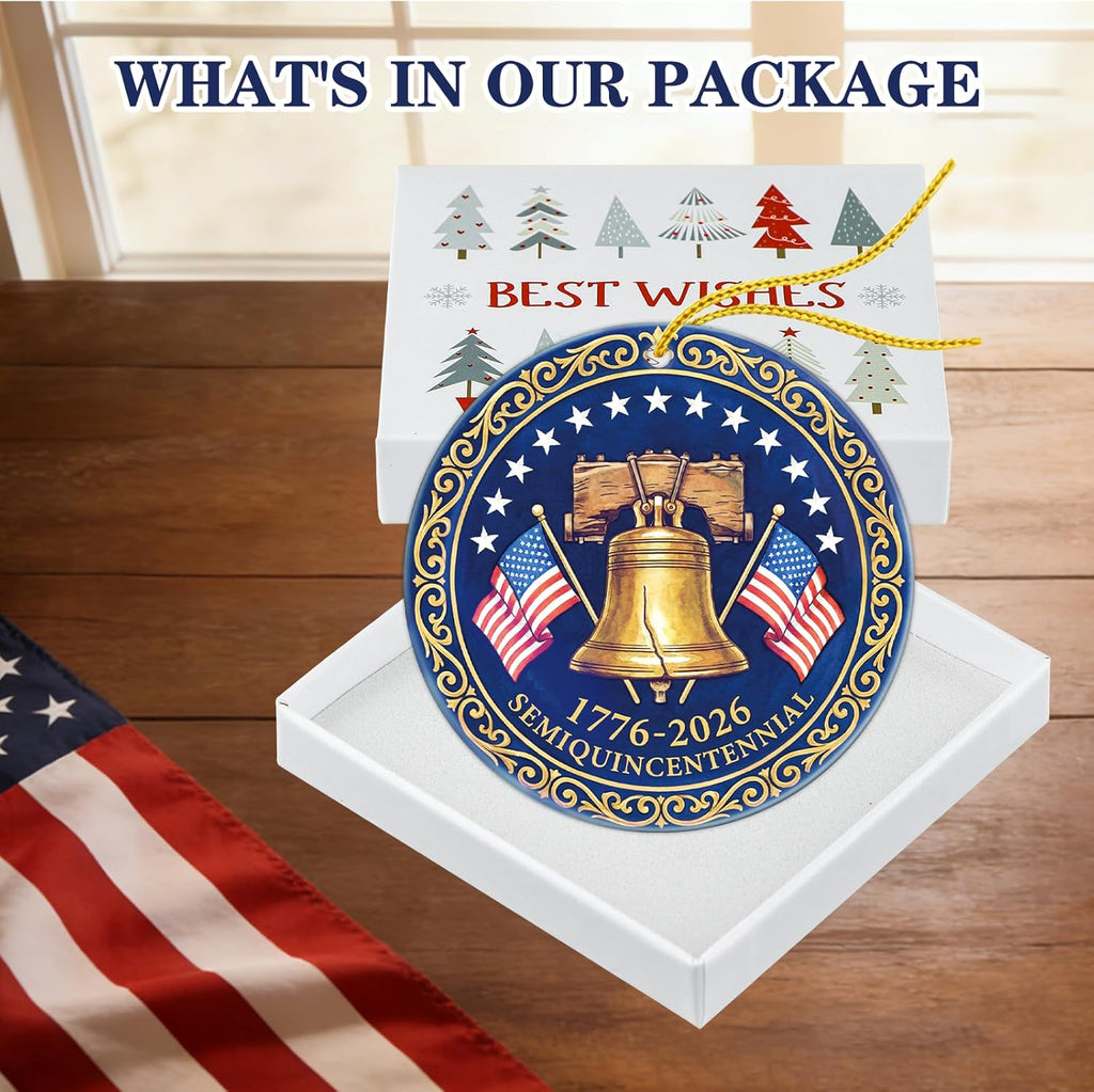WhatSign 250th Anniversary USA Ornament - 1776-2026 Semiquincentennial Liberty Bell Ceramic Keepsake Vintage Gold Medallion Design Patriotic American History Souvenir Decor Gift for Collectors