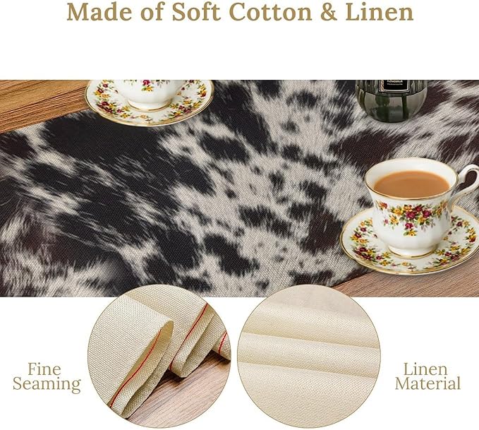 Cow Print Table Runner, Country Farm Animal Fur Skin Pattern Western Style Black Brown Cowhide Print Dinner Runner for Home Kitchen Dining Home Setting, 13x70 Inch