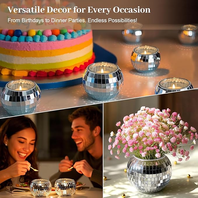 Luditek Disco Ball Candle Holders, 12 Pcs Mirror Silver Decor for Christmas Birthday Wedding NYE Party Decorations, Glass Votive with Tealights for Home Table Centerpiece, Gifts for Women