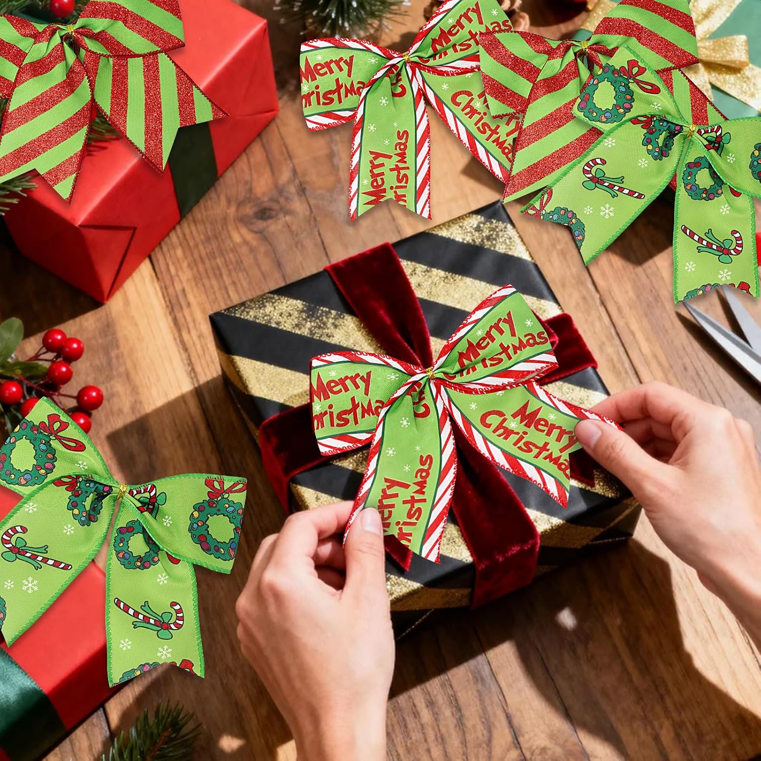 12 Pcs Christmas Bows,6 Inch Large Red Green Christmas Wreaths Bows for Tree Gift Wrapping Garland,Holiday Decorations Party Crafts Tree Ribbon Ornaments