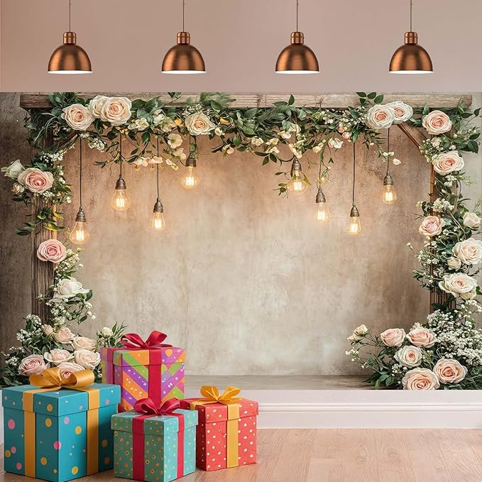 10x10ft Country Wedding Photography Backdrop Floral Rustic Roses Farmhouse Wooden Door Backdrop Pink Flower Birthday Baby Shower Wedding Bridal Party Banner Photo Booth Props Anniversary Background