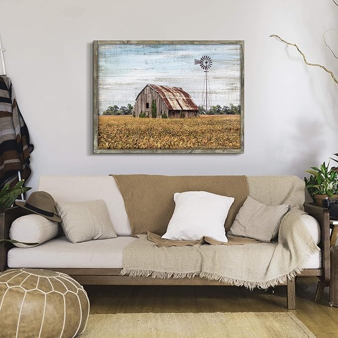 Vintage Farmhouse Wall Art Framed - Rustic Windmill Landscape Painting Artwork for Wall Decor