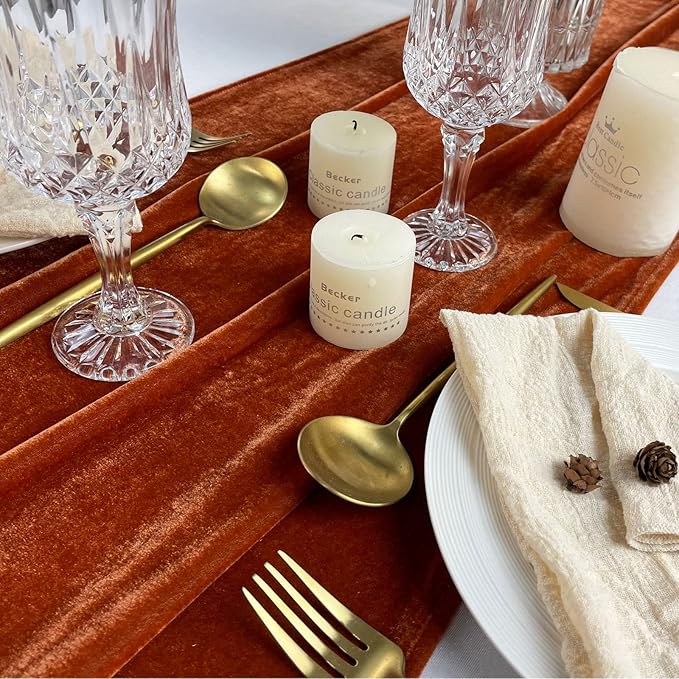 Luxurious Velvet Table Runner, Terracotta 120 Inches Wedding Table Runners, 10ft Velvet Home Party Table Decorations