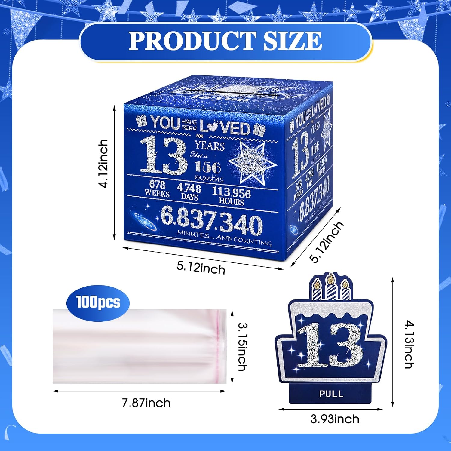 13 Happy Birthday Money Box for Cash Gift, 13th Birthday Decorations for Boys and Girls, Gifts for 13 Year Old Boy, Boy Gift Ideas, Cool Things for Teen -Blue with 100PCS Bags