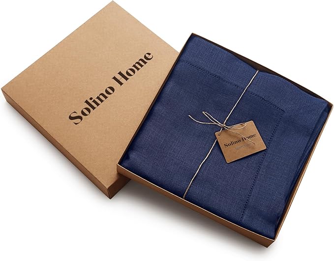 Solino Home Linen Navy Blue Tablecloth 60 x 144 Inch - Classic Hemstitch, 100% Pure Linen Rectangular Tablecloth - Machine Washable Table Cloth for Fall, Autumn, Thanksgiving, Christmas, Holiday