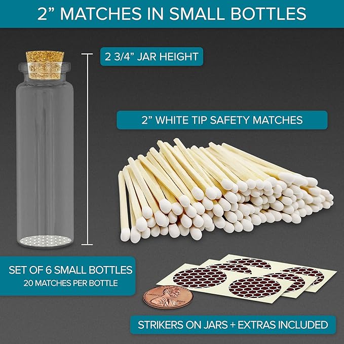 2" Classic White Tip Safety Matches | 6 Glass Bottles Each with Cork Top, Striker & 20 Matchsticks by Thankful Greetings (120+ Total) | Decorative Unique & Fun Artisan Set for Home, Gifts, & Events