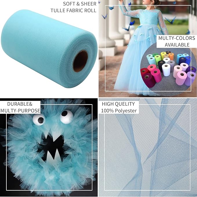 Light Blue Tulle Fabric Rolls 6 Inch by 100 Yards (300 feet) Fabric Spool Tulle Ribbon for DIY Tutu Bow Baby Shower Birthday Party Easter Wedding Decorations Christmas Craft Supplies