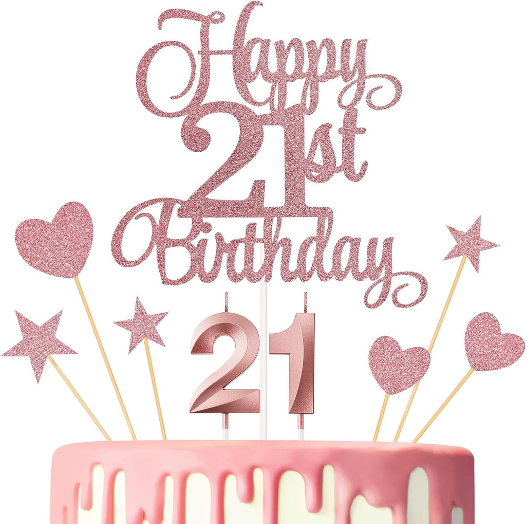 21st Birthday Cake Toppers, 21st Birthday Candles Numeral Candles and Glitter Cake Decorations Toppers Set for Party Supplies (Rose Gold)