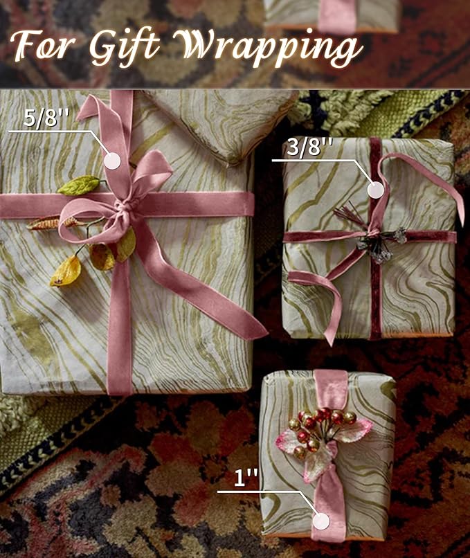 Pink Velvet Ribbon 5/8'' 25 Yards for Christmas Tree, Gift Wrapping, Flower Bouquet, Wreath Decorations, Bow Making
