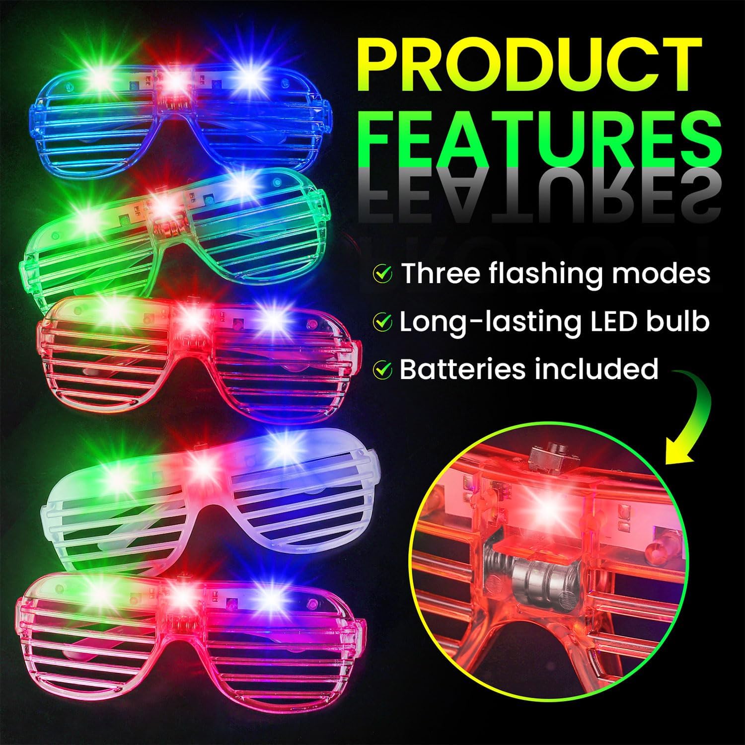 60 Pack LED Glasses ,6 Colors Light Up Glasses Glow in The Dark Party Supplies , Party Glasses for Adults , Glow Shutter Glasses for Valentines Day , New Year's Eve Decoration , Birthday