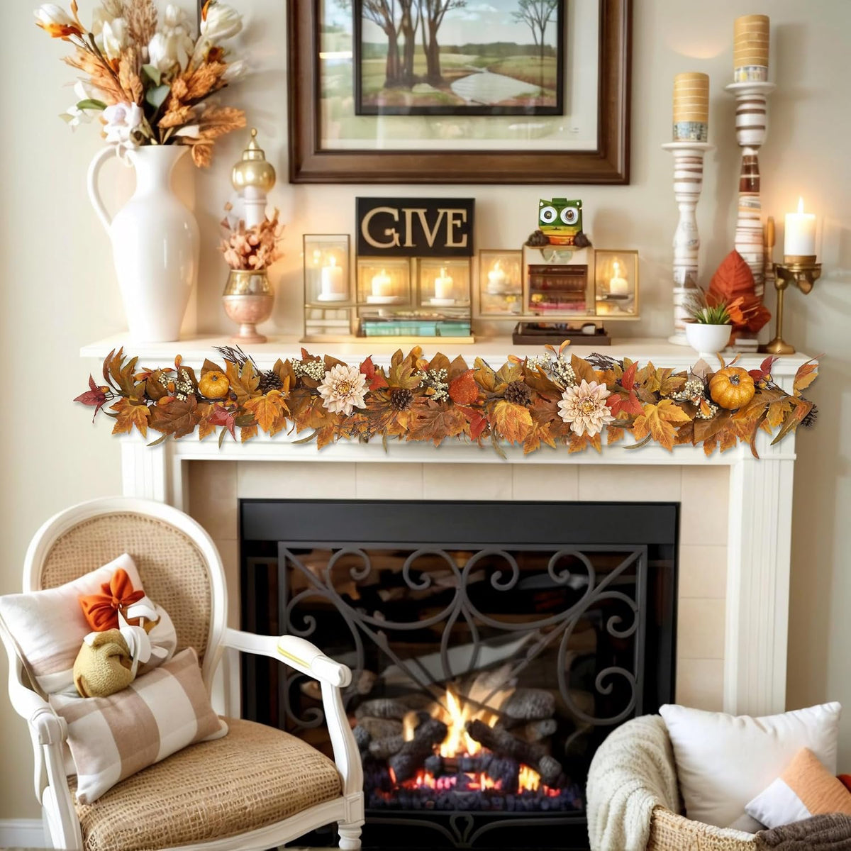 fall garland 6ft lifelike autumn maples leaf pumpkin showing dimensions